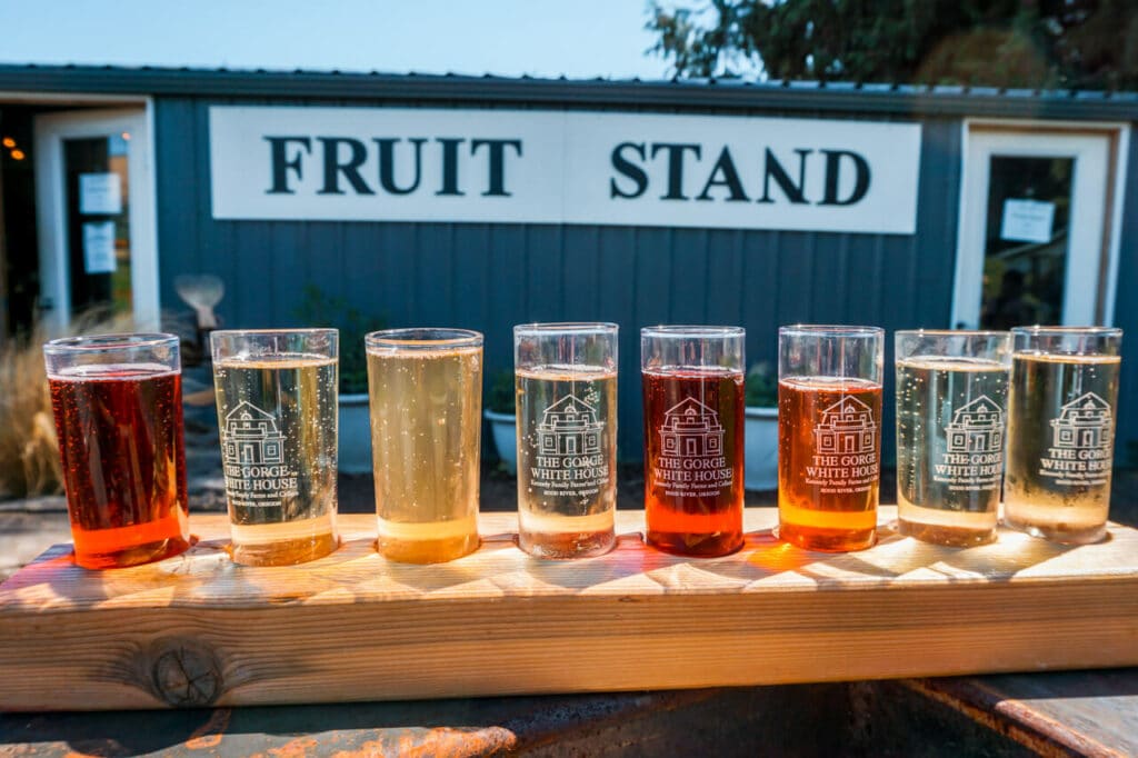 A hard cider flight from The George White House - one of the best stops on the Hood River Fruit Loop.