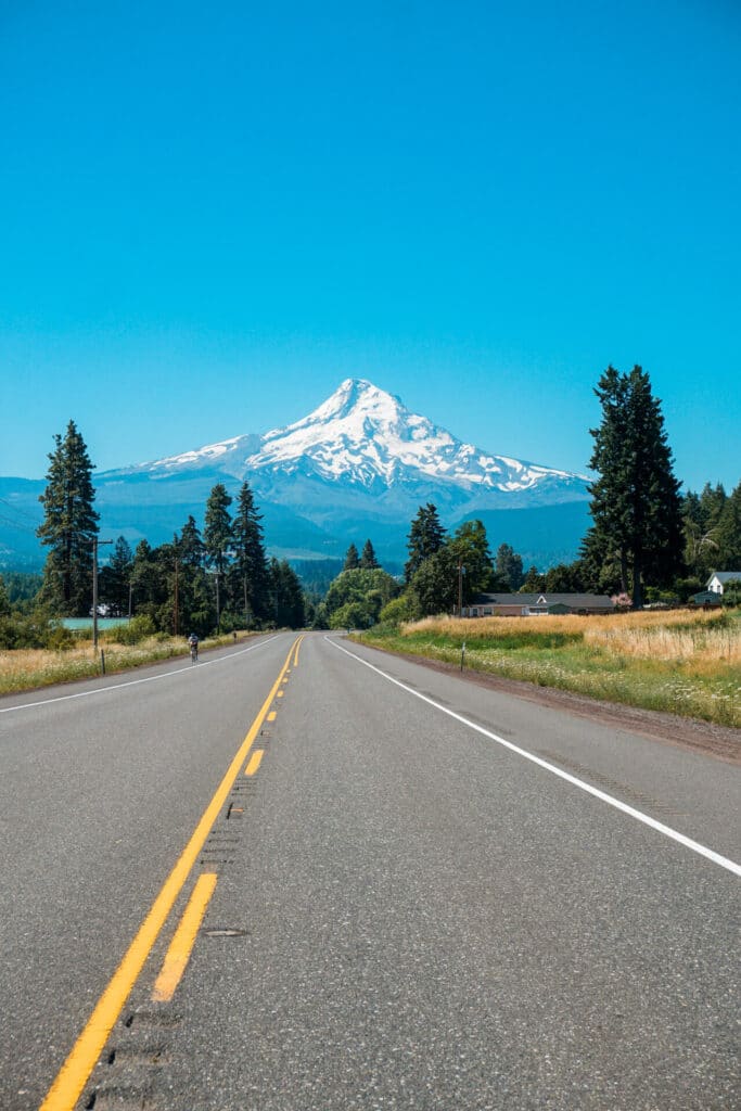 A straight road leading to Mt. Hood.