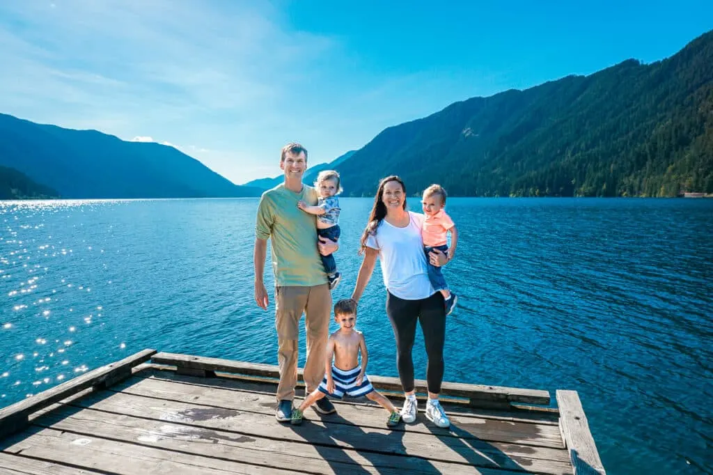 Family with three boys on a pier at Lake Crescent Lodge in Olympic National Park.