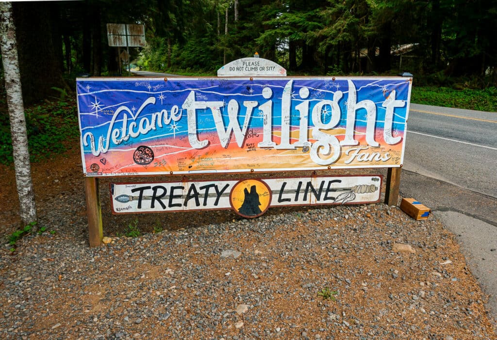 A Twilight Treaty Line sign outside of 3 Rivers resort Restaurant in Forks. 