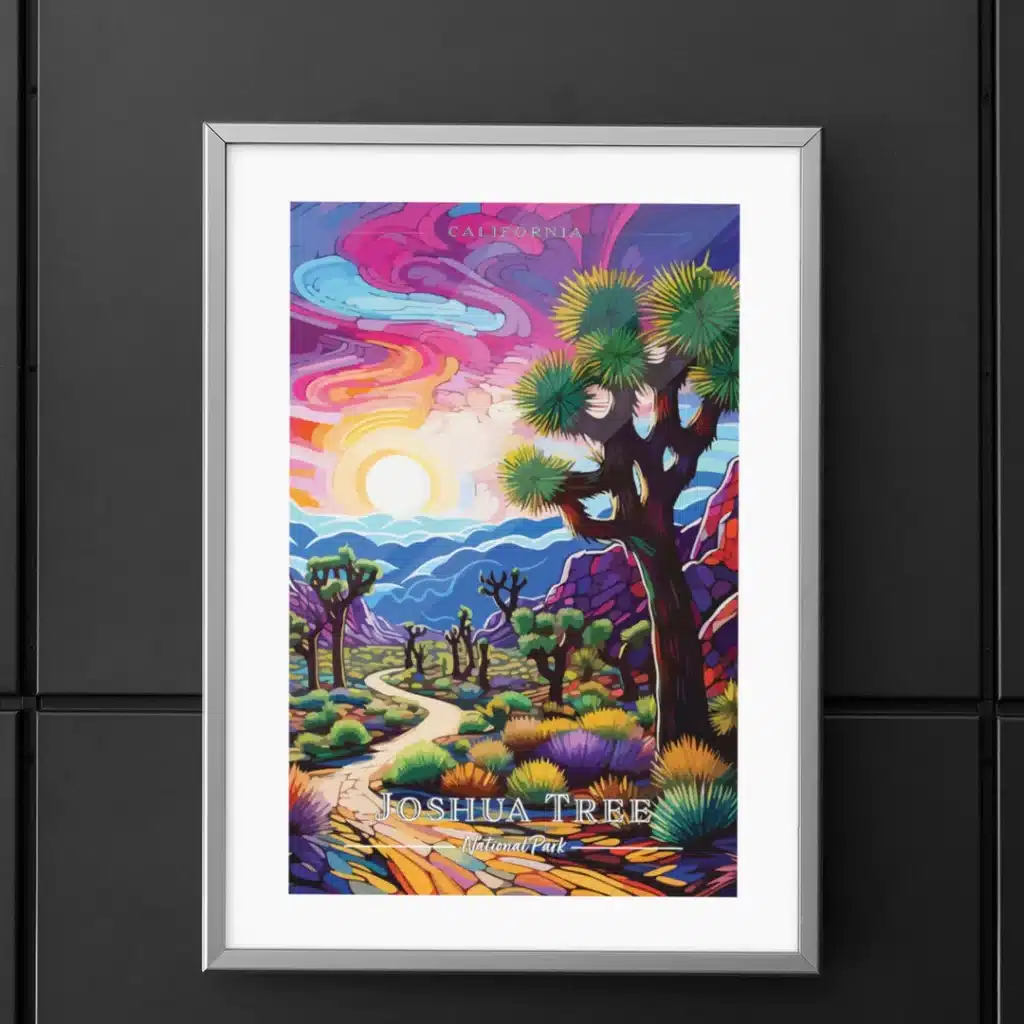 A vibrant poster of Joshua Tree from the National Park Commemorative Poster Collection - a great gift for national park lovers.