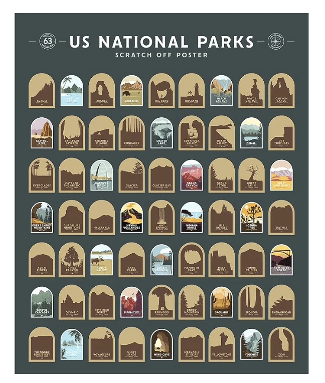 63 National Park Scratch off Poster, Scratch off Map, National Park Gift,  National Parks by State, Travel Poster 