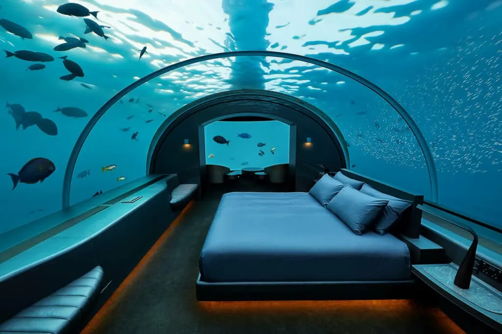 The Muraka - a king-sized bed inside a glass dome with fish swimming all around. Located at Conrad Maldives Rangali Island.