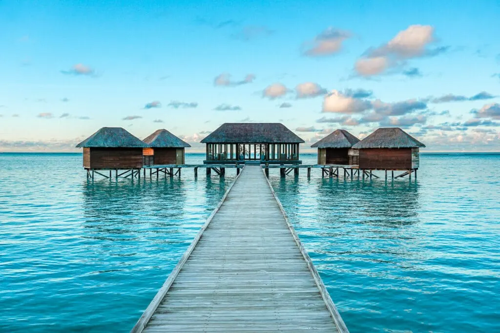 The Conrad Maldives Rangali Island spa center of five overwater bungalows.