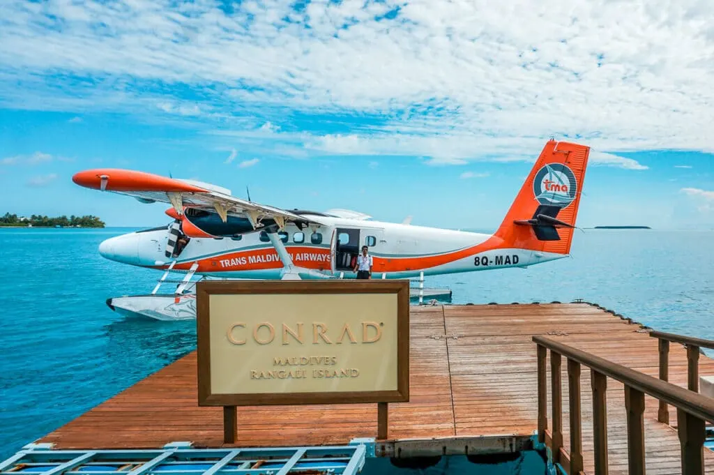 A seaplane waiting for departure at The Conrad Maldives Rangali Island.
