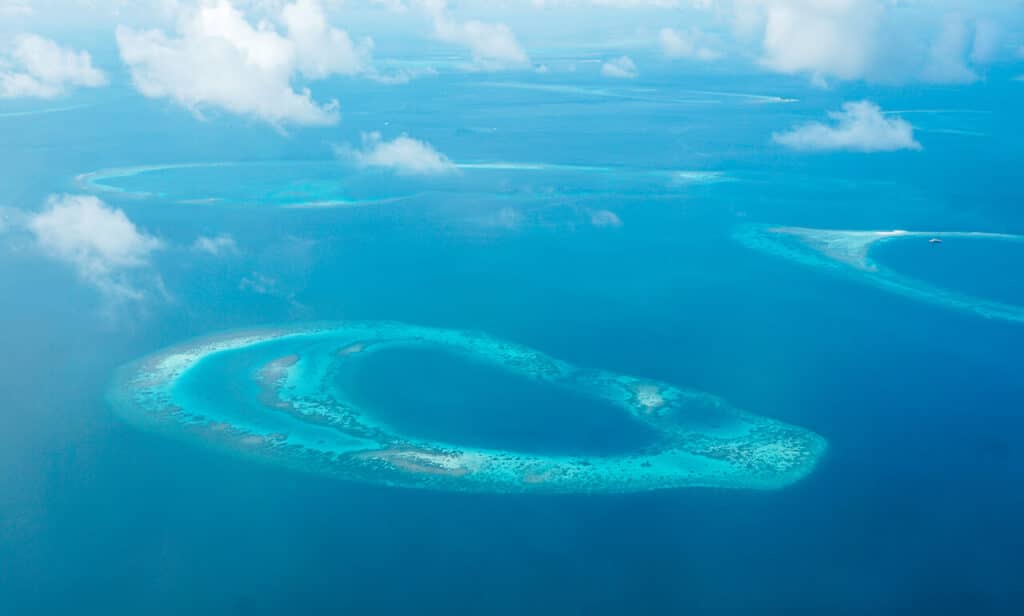 View of Maldives Atolls from a seaplane.