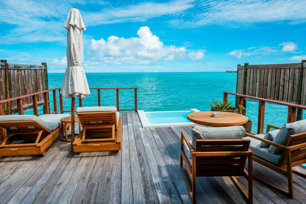 A patio deck with a plunge pool from the Sunrise Water Villa at Conrad Maldives Rangali Island.