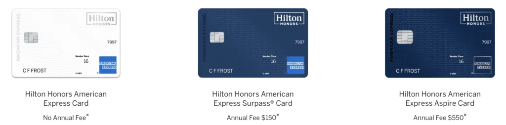 A screenshot of three Hilton AMEX credit cards that can help you stay in the Maldives on points.
