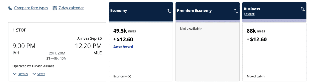 Screenshot of an example of how you can use United MileagePlus miles to book economy and business class on Turkish Airlines to the Maldives on points.  