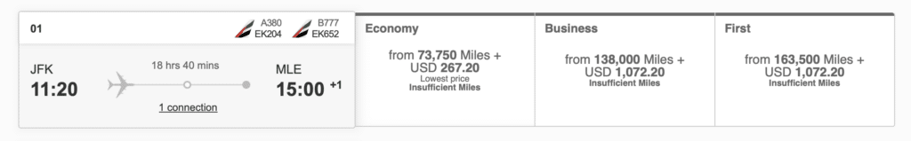 Screenshot of an example of how you can use Emirates miles to book economy, business, and first class to the Maldives on points.  