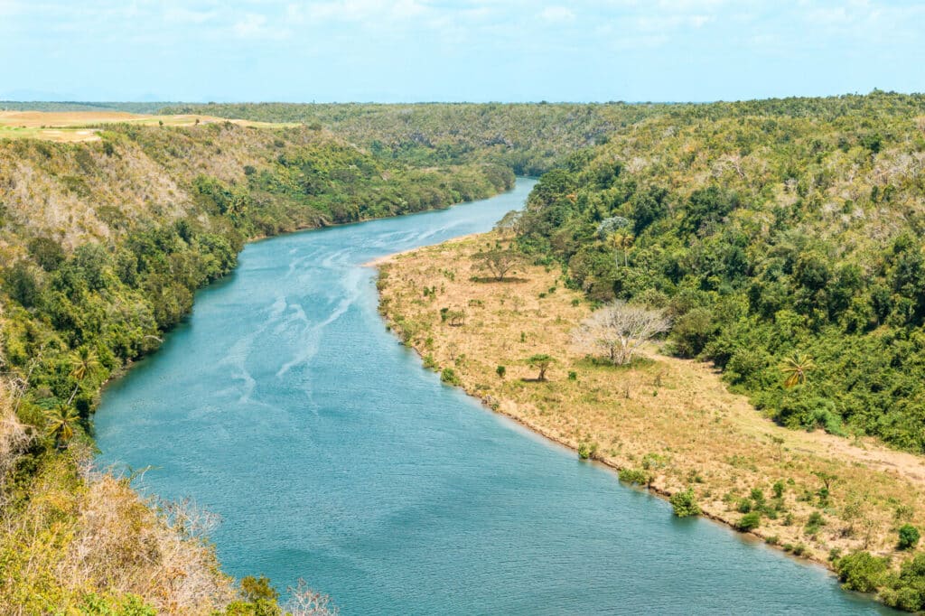 The Chavon River makes a bend between the lush jungle.