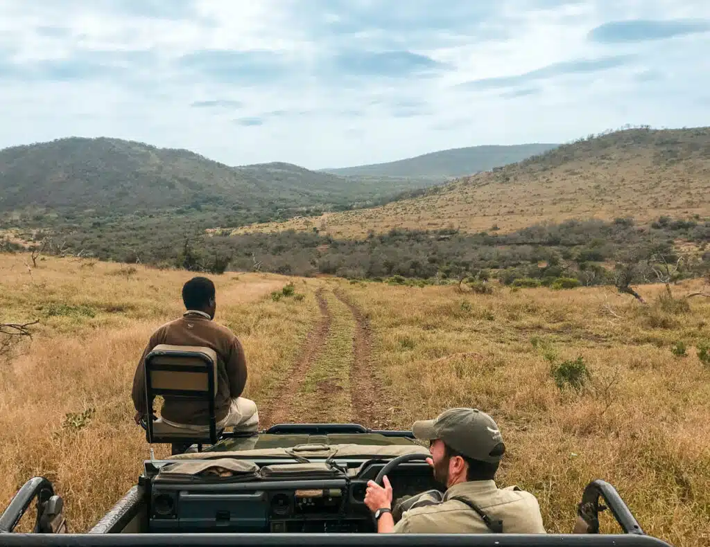 A tracker at the front of the jeep scanning for wildlife and a ranger driving the jeep.