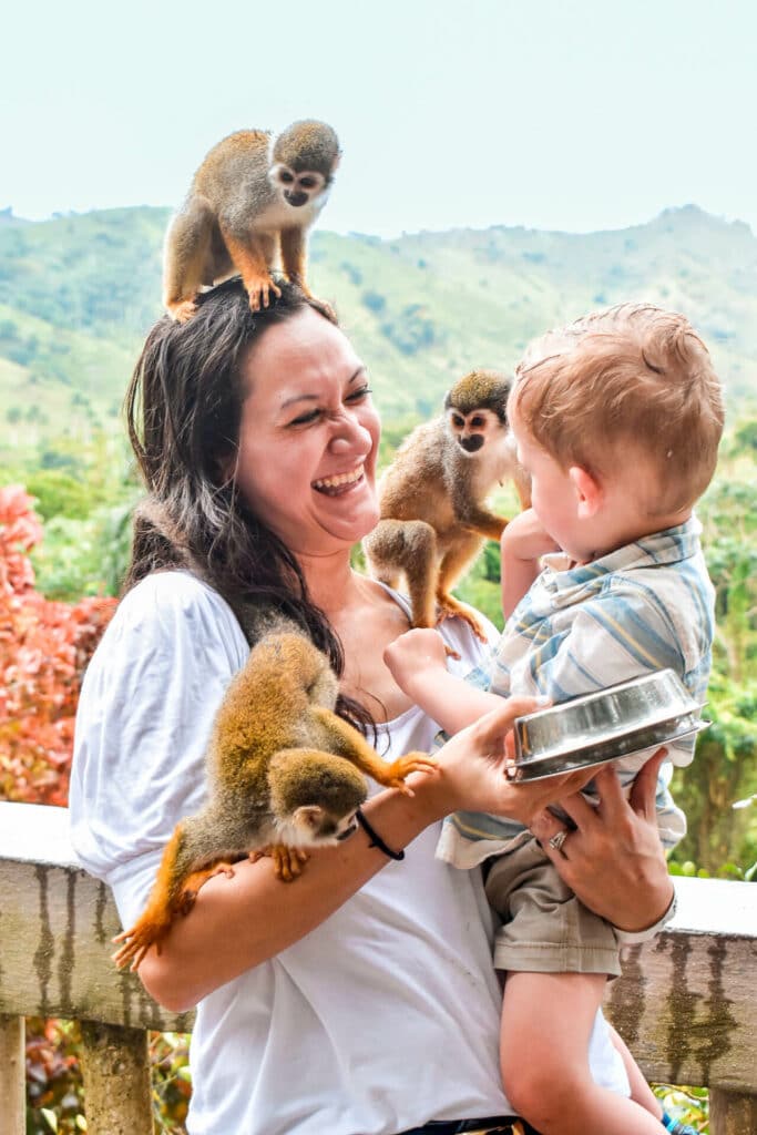 A mom with three monkeys climbing on her while holding her son at Monkeyland in La Romana.