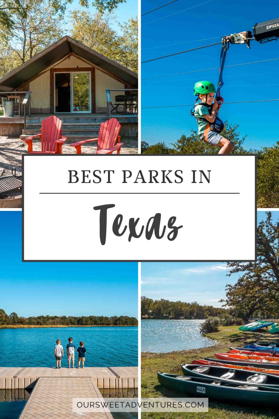 A Pinterest image with a 4-picture collage with text overlay "best parks in Texas".