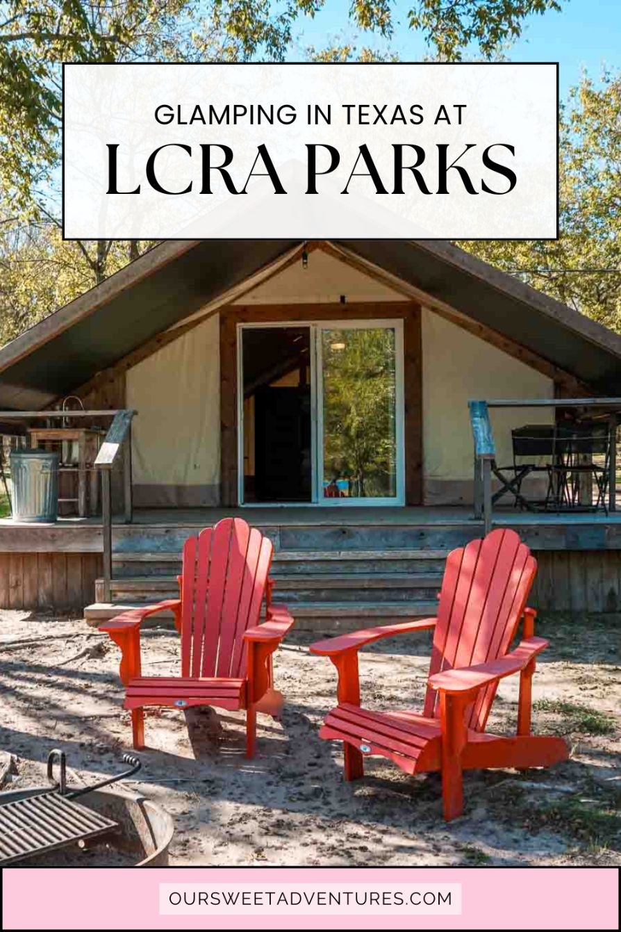Pinterest image of a safari tent with text overlay "glamping in Texas at LCRA Parks".
