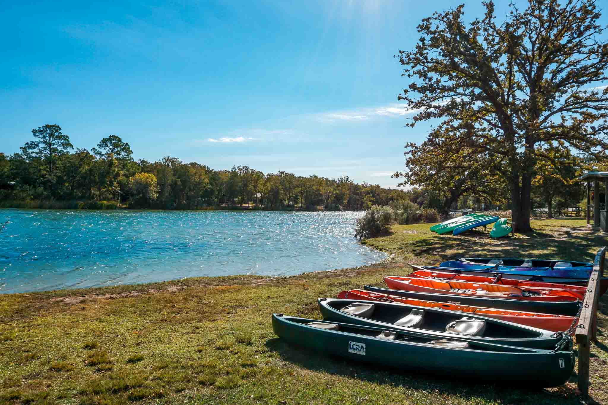 A scenic view of a line of kayaks along a lake at Lake Bastrop South Shore Park.