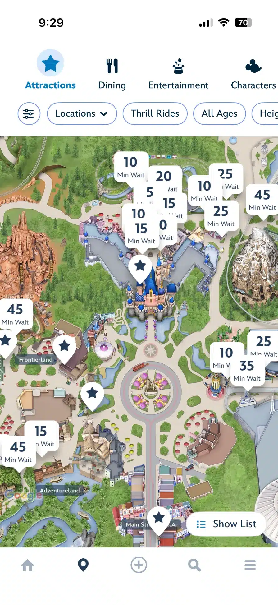 A screenshot of the Disneyland Park app showing wait times for rides.