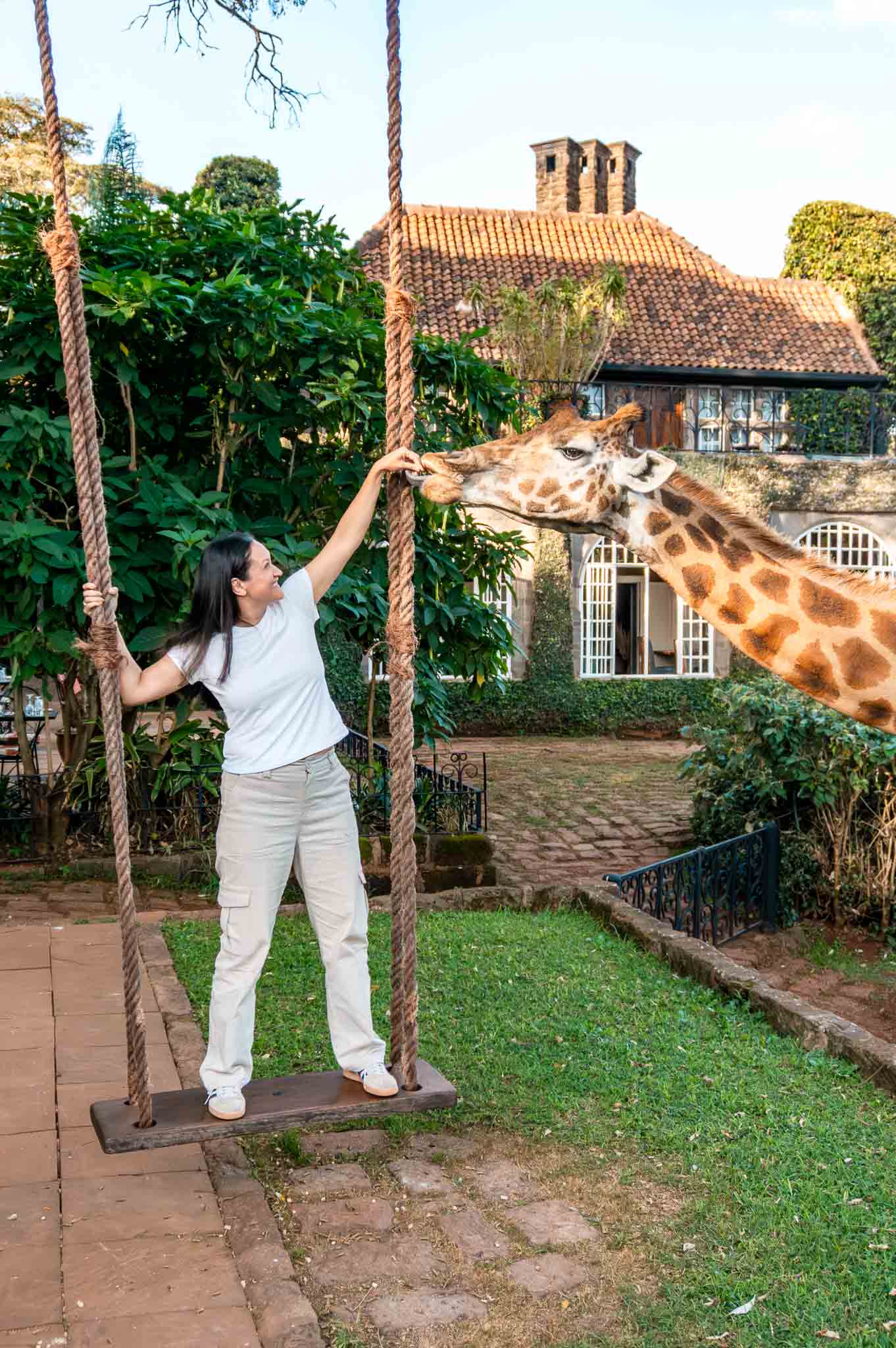 A woman standing on a swing while feeding a giraffe at Giraffe Manor.